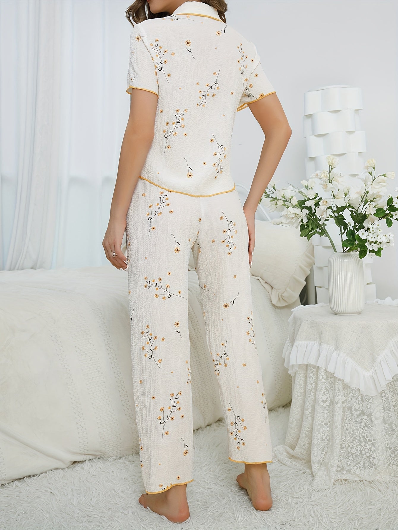 Floral Print Pajama Set Short Sleeve Top & Pants