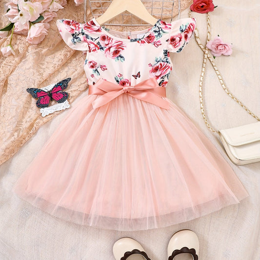 Girls Flower Sleeveless Ruffled Mesh Princess Dress With Belt