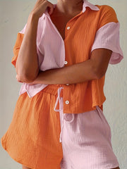 Colorblock Button Up Top & Drawstring Shorts Set
