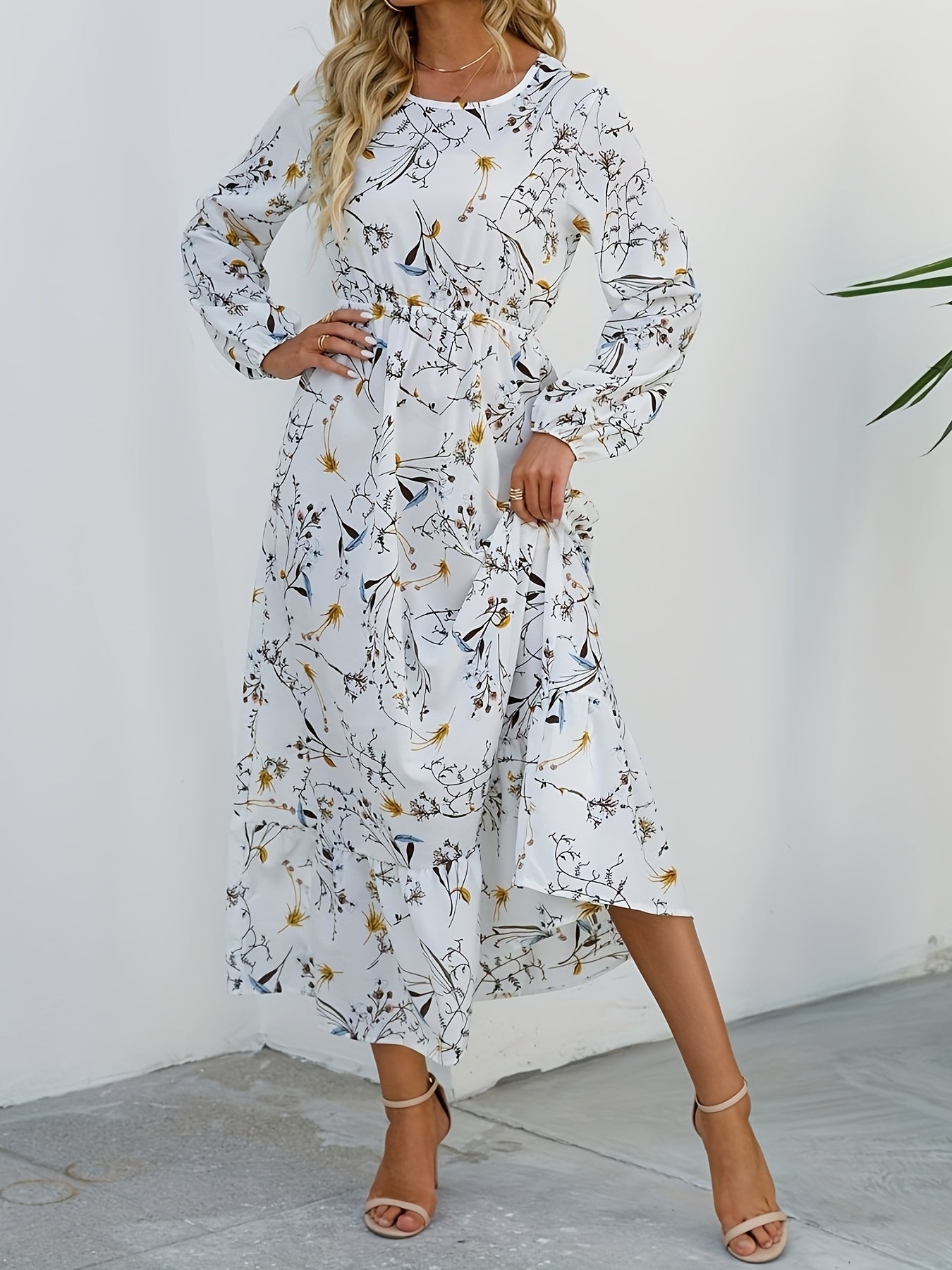 Floral Print Crew Neck Dress Long Sleeve for Spring & Fall