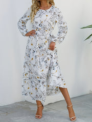 Floral Print Crew Neck Dress Long Sleeve for Spring & Fall