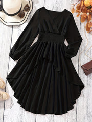 Girls V-neck High Low Long Sleeve Blouse Longline Peplum Top