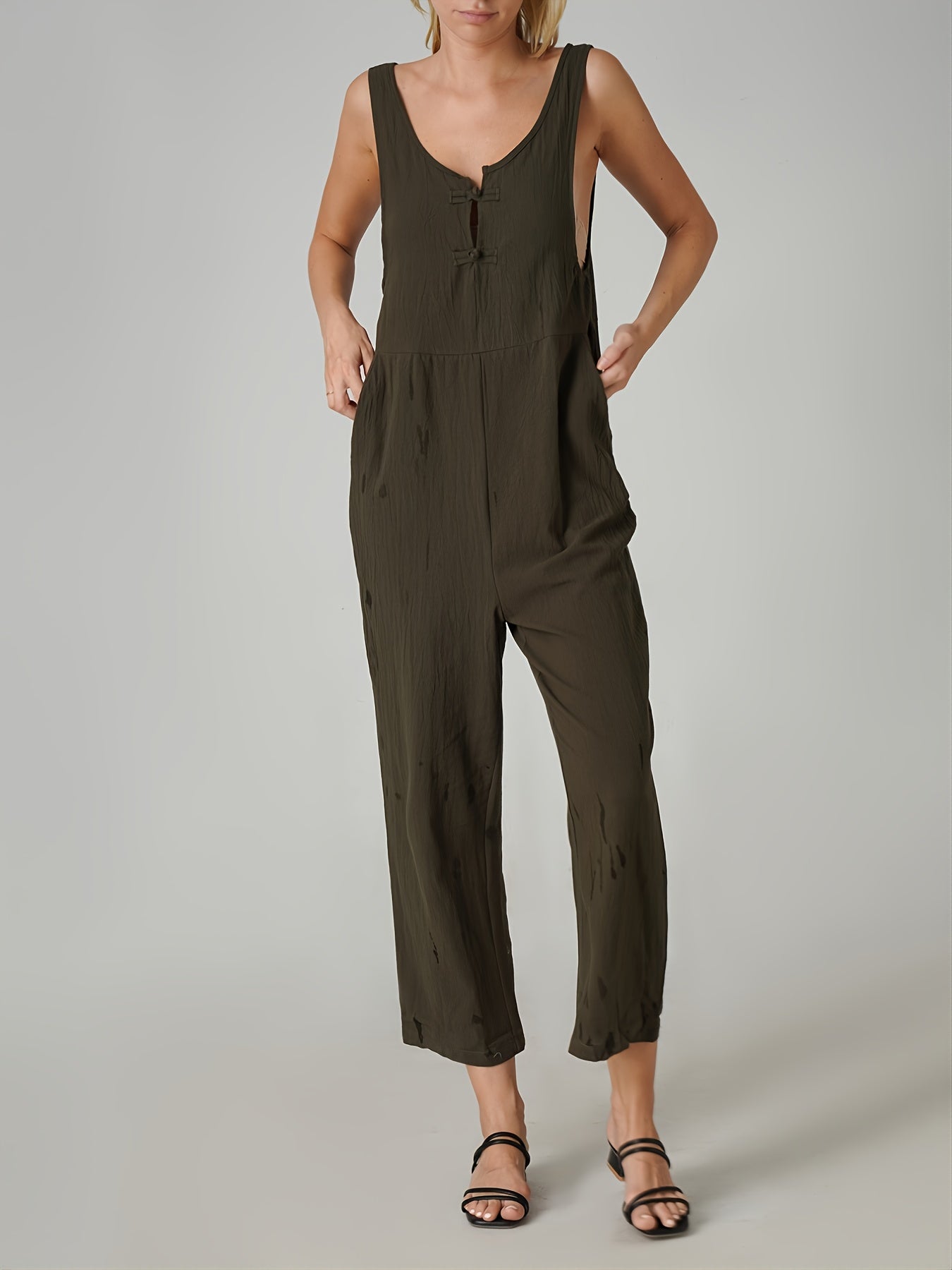 Women's Button Sleeveless V Neck Jumpsuit