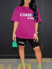 Casual Letter Print Two piece Set Crew Neck Tee & Slim Shorts