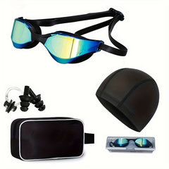 6-Piece Silicone Swimming Goggles Set with Storage Case - Black