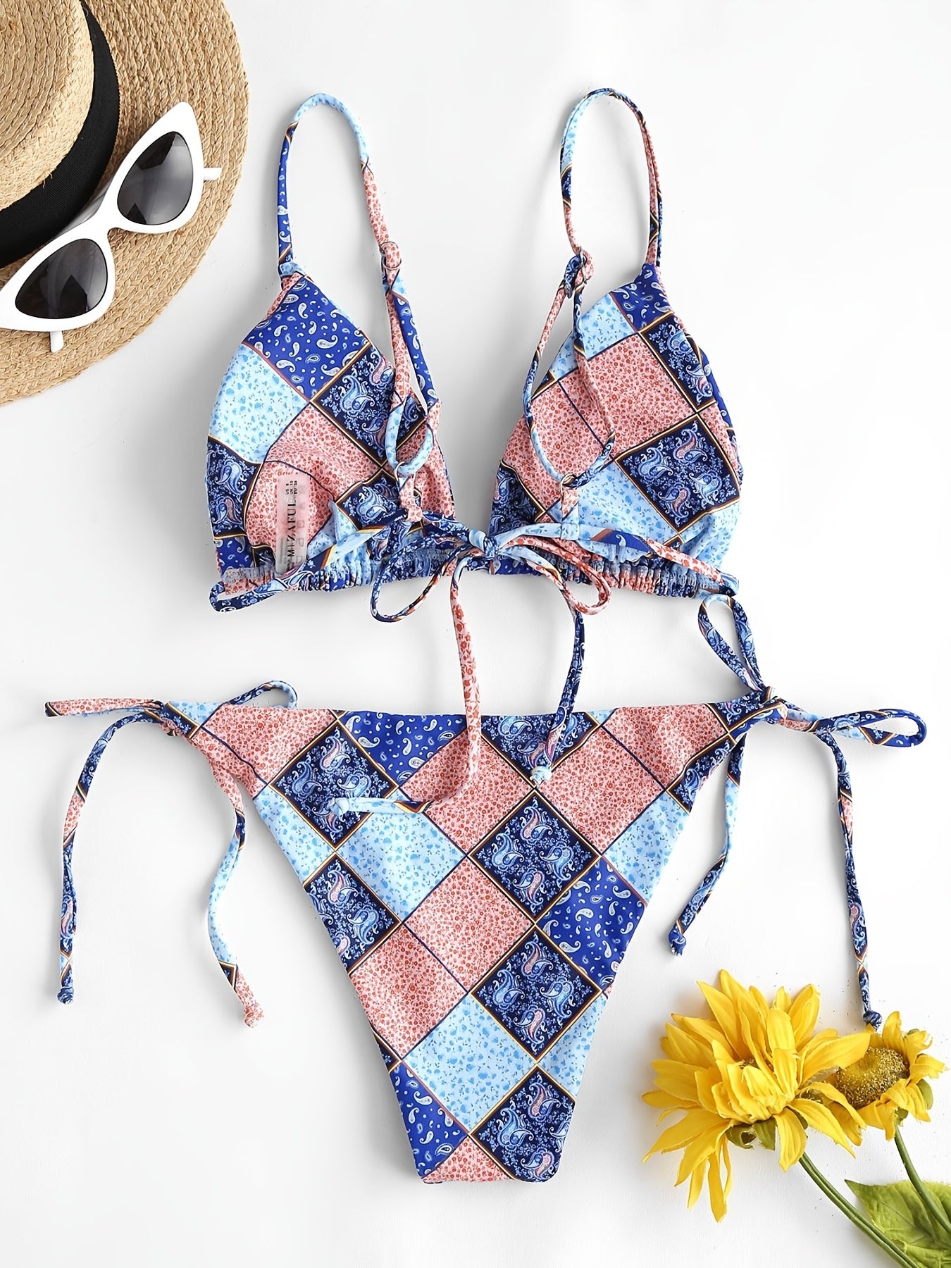 Paisley Print Bikini Sets V Neck Spaghetti Straps Tie Back Backless Swimsuit