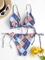 Paisley Print Bikini Sets V Neck Spaghetti Straps Tie Back Backless Swimsuit