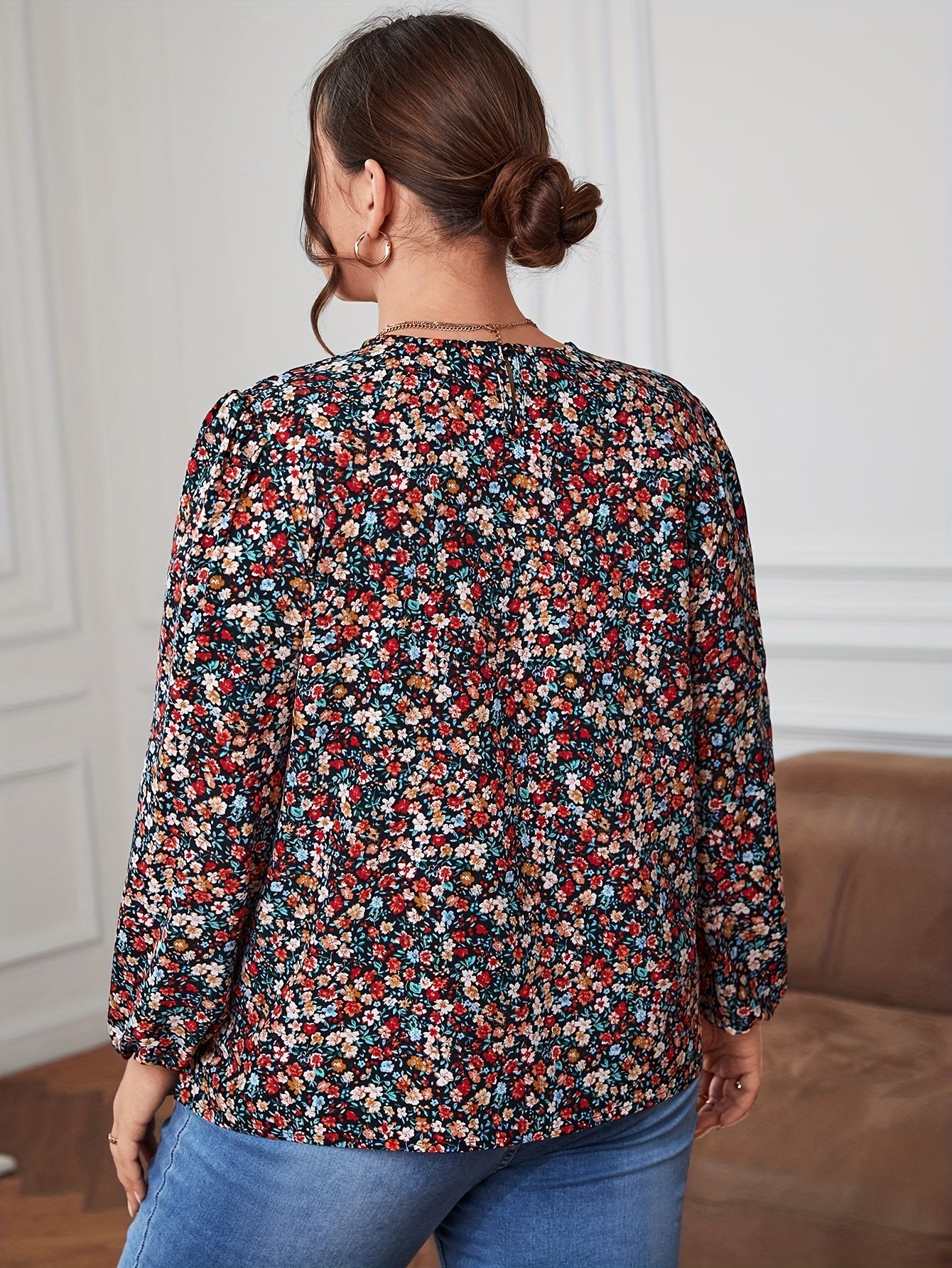 Women's Plus Ditsy Floral Lantern Sleeve Boho Blouse