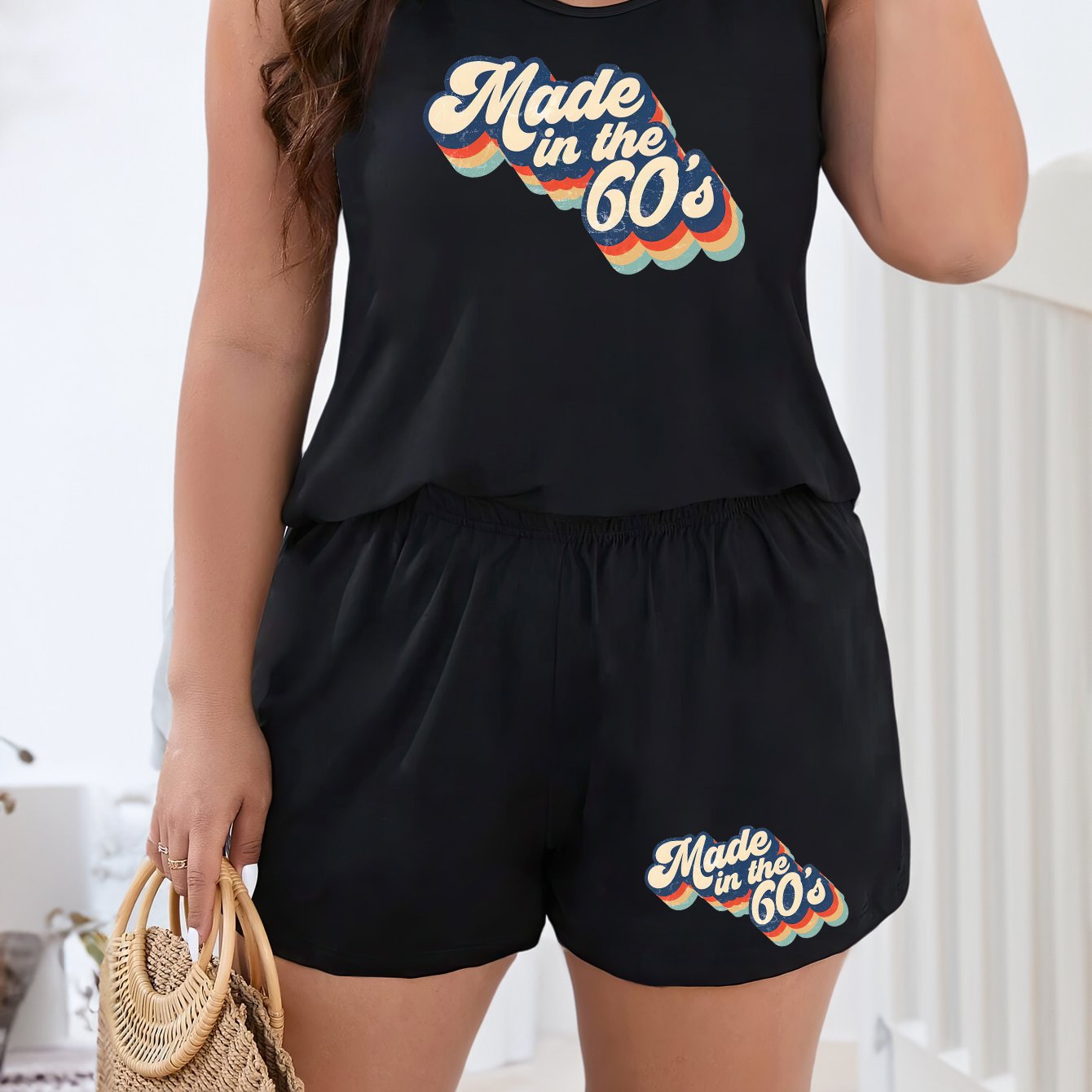 Women's Plus '60s' Letter Print Tank Top & Shorts Pajama Set