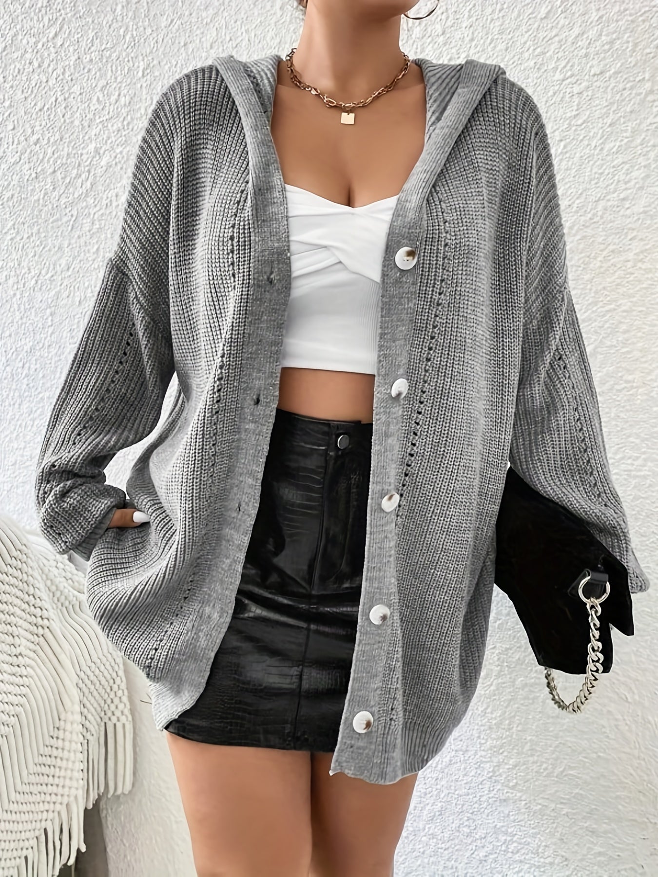 Solid Hollow Out Hoodie Cardigan
