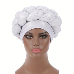 Silvery Turban Cap Twisted Braided Pre tied Big Head Wrap Elastic