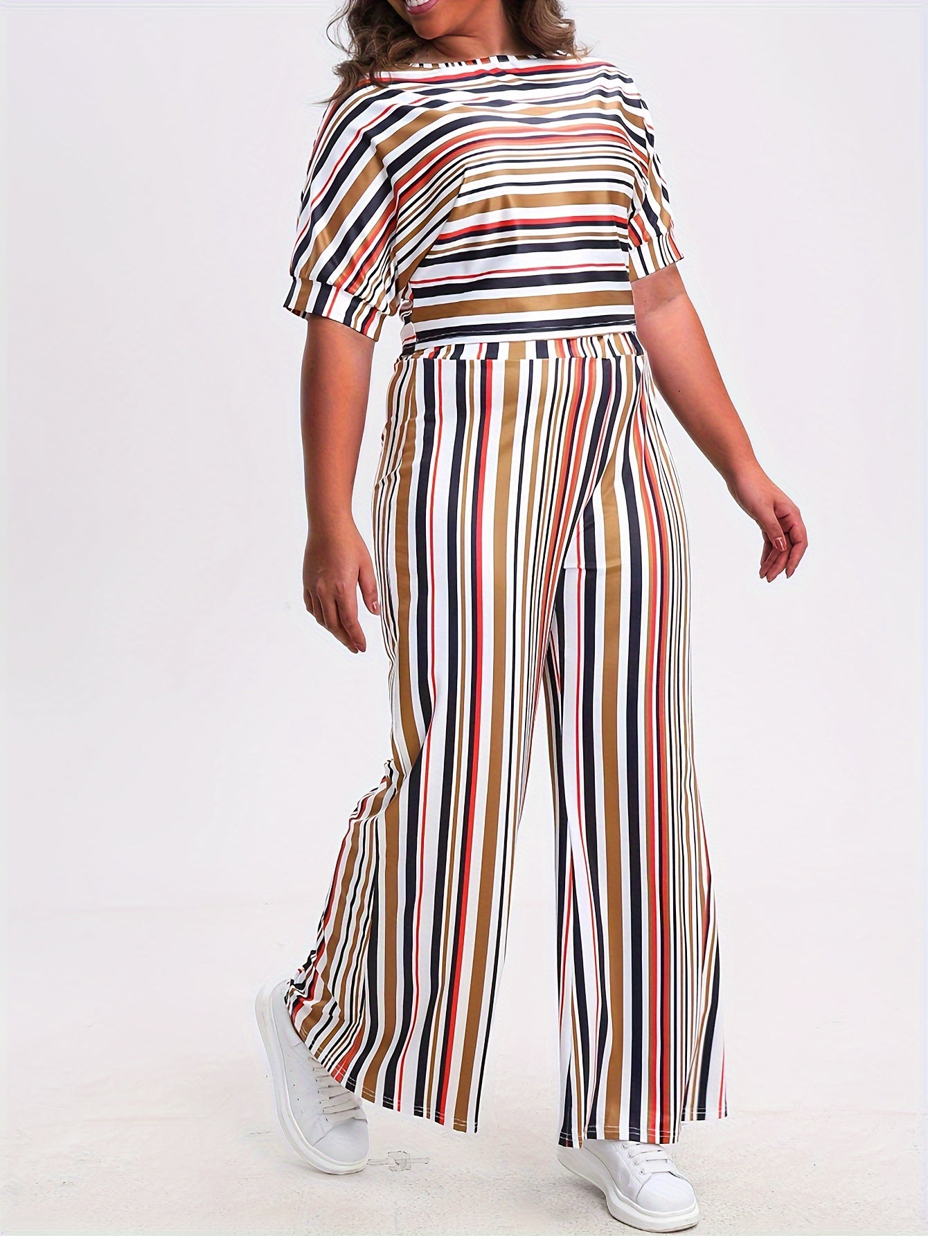Stripe Print Top & Pants Set with Pockets