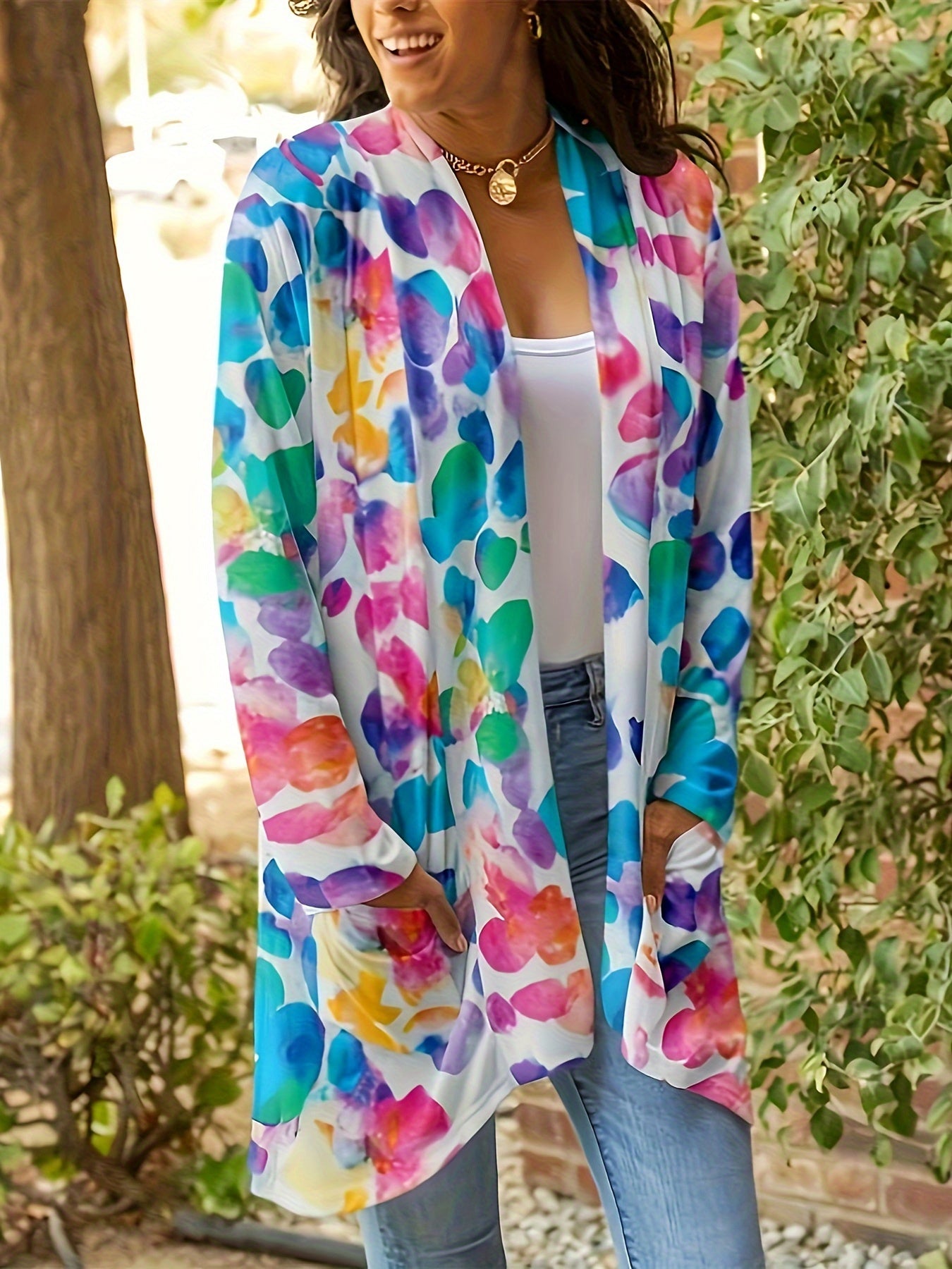 Ombre Dot Print Long Sleeve Open Front Cardigan