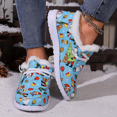 Christmas Snow Boots Santa Claus Kitten Pattern Plush Comfort Flats