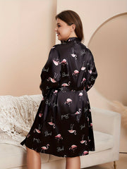 Flamingo Print Satin Cami Dress & Belted Robe Set