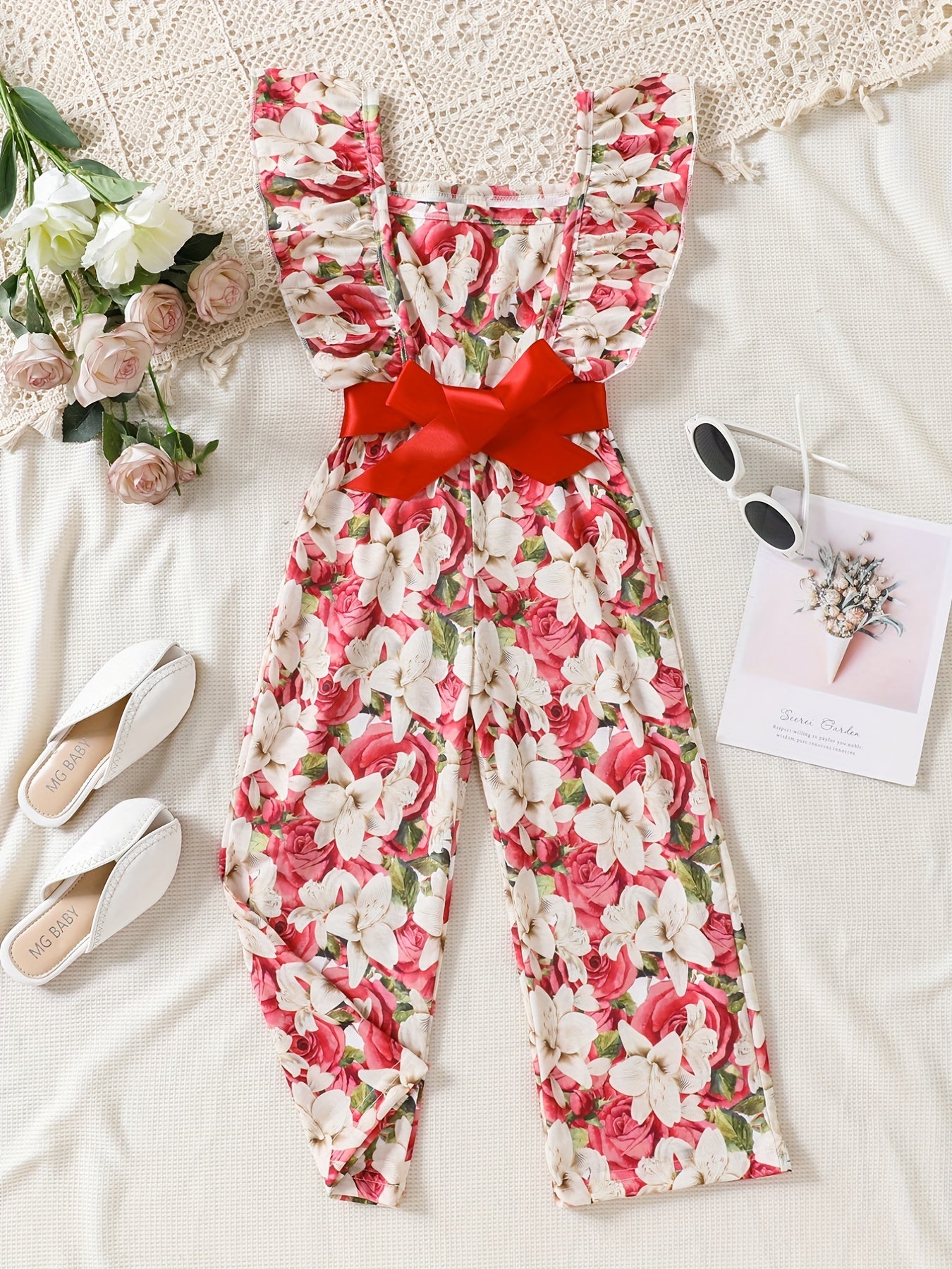 Girls Bow Floral Print Ruffle Sleeve Rompers