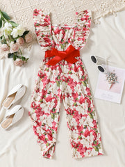Girls Bow Floral Print Ruffle Sleeve Rompers