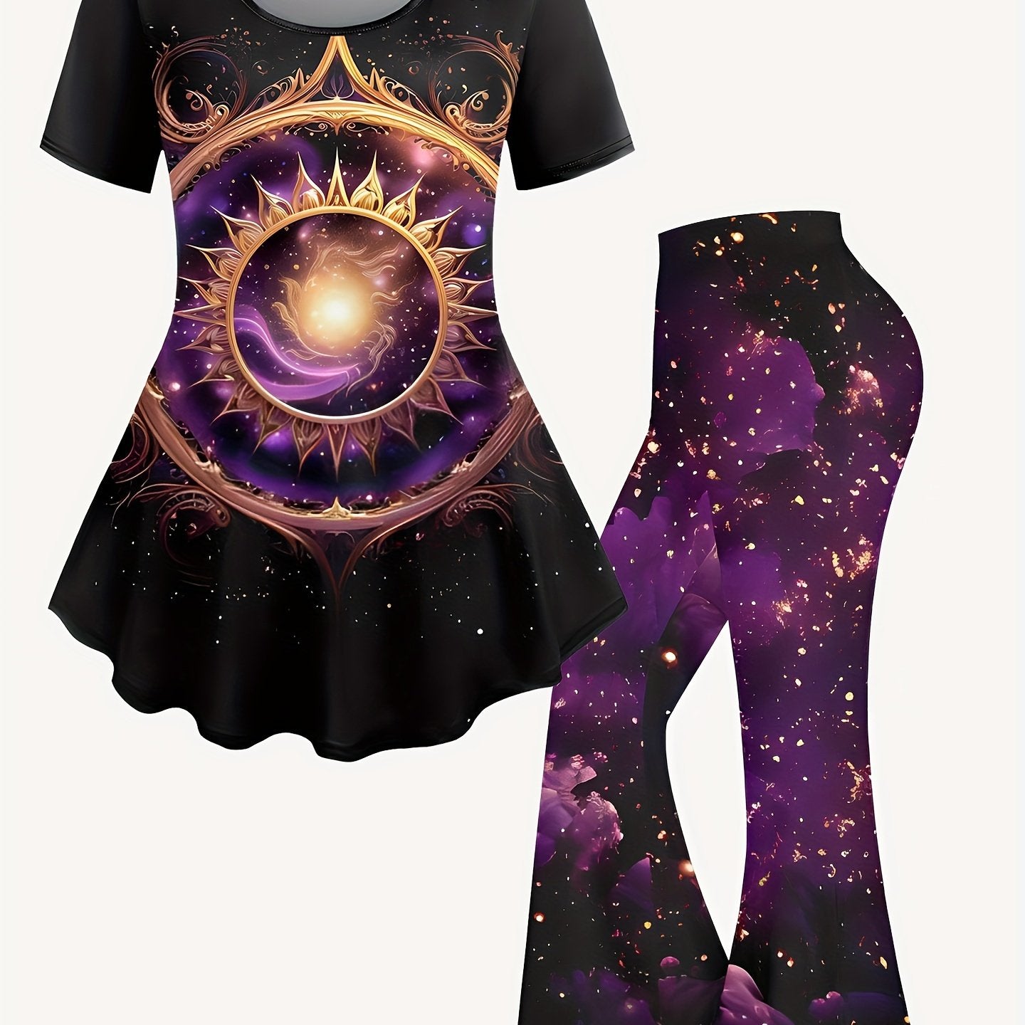 Women's Plus Galaxy Print Peplum Top & Pants Set
