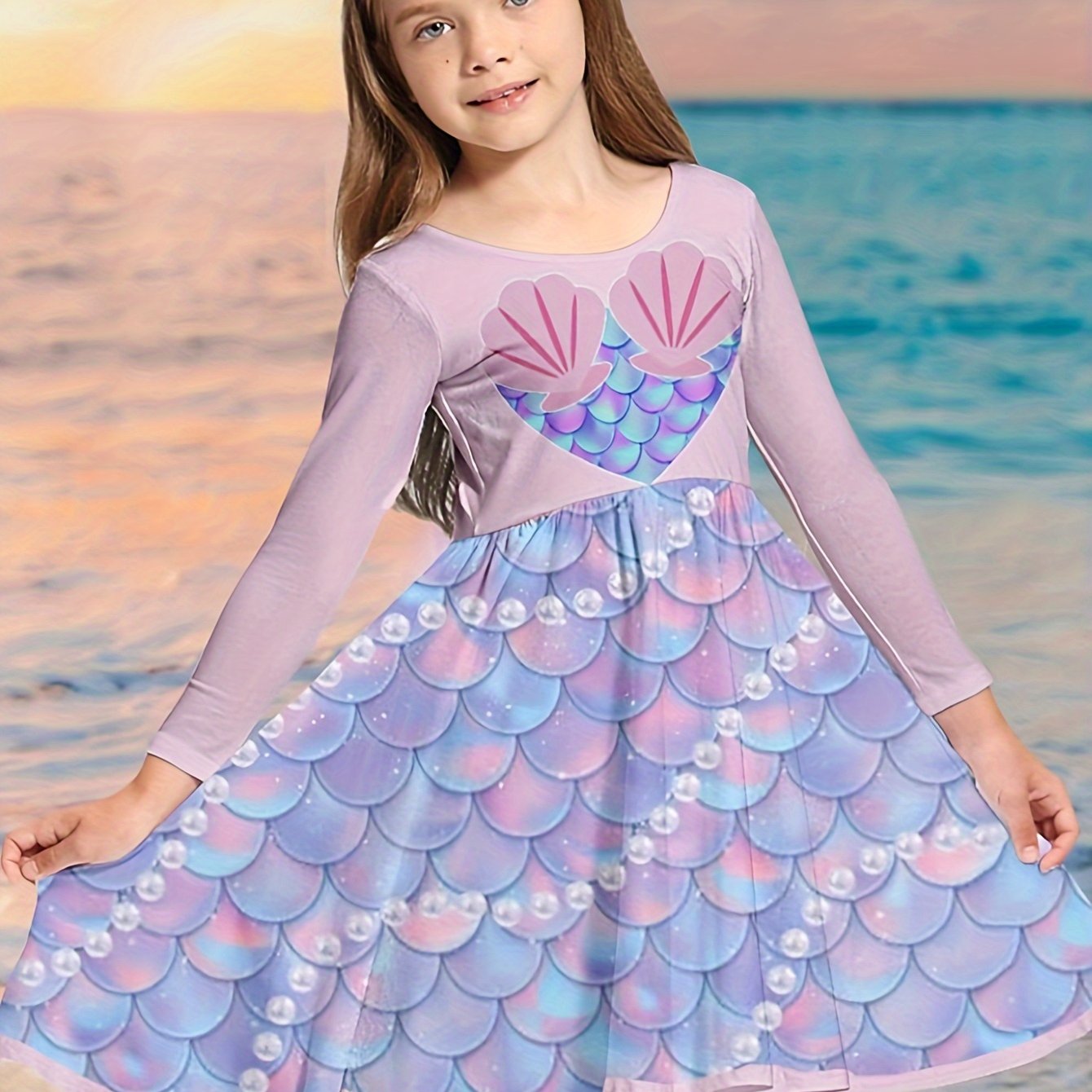 Girls Fish Scale Graphic Long Sleeve Dress