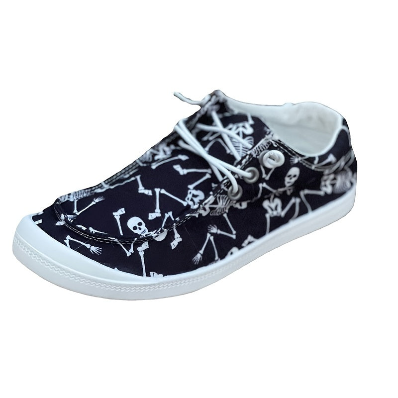 Women's Skull Print Canvas Shoes Lace-up Halloween Loafers