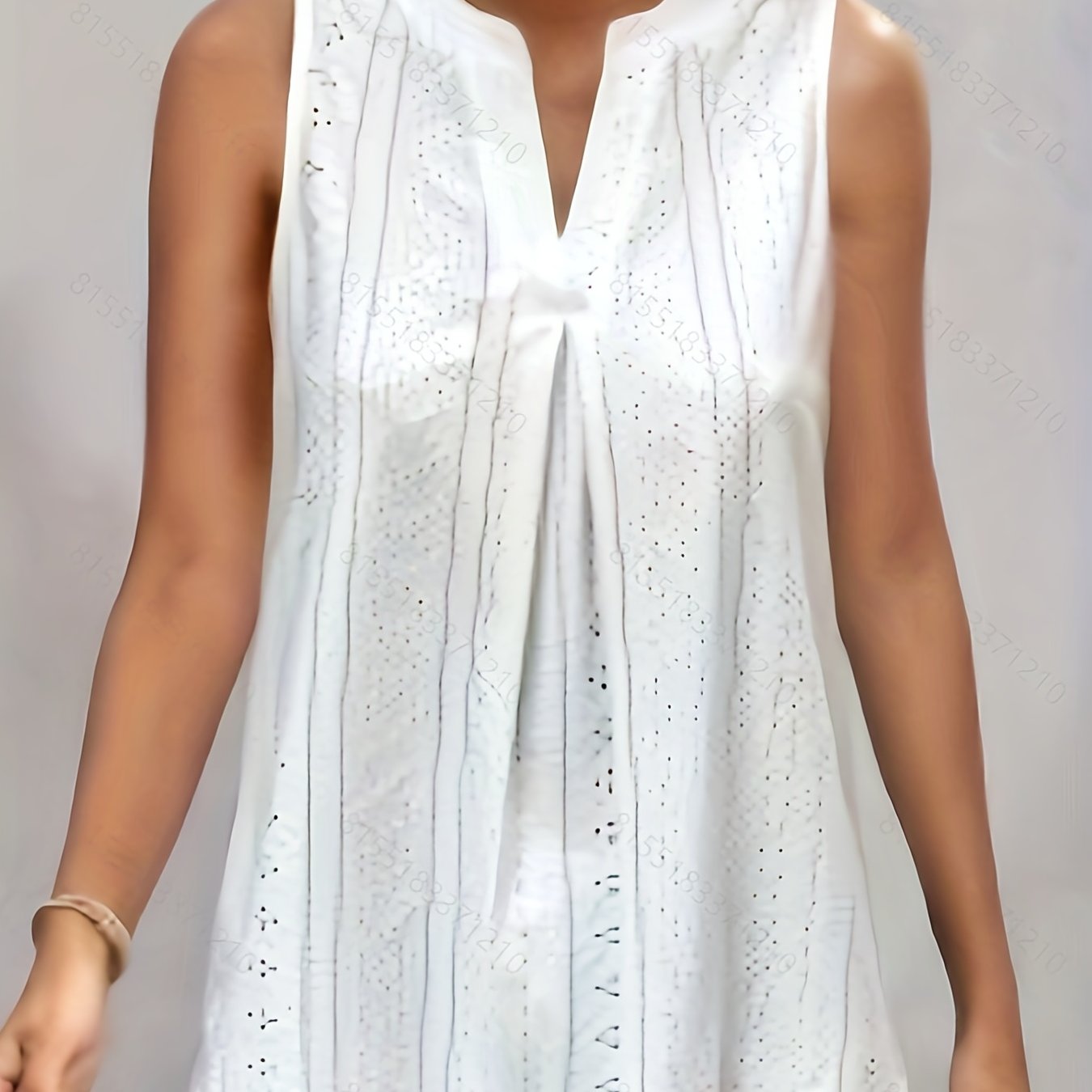Eyelet Pleated Tank Top V Neck Sleeveless Summer Top
