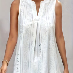Eyelet Pleated Tank Top V Neck Sleeveless Summer Top
