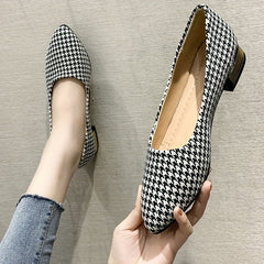 Women's Houndstooth Loafers Chunky Low Heel Slip-on Shoes Pointed Toe Comfort
