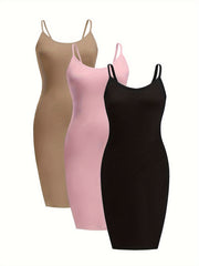3 Pack Plus Size Basic Dress Set Solid Round Neck Slim Fit Cami Dress