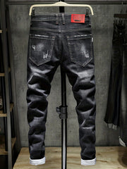 Men's Embroidered Print Denim Jeans Slim Straight Stretch Pants