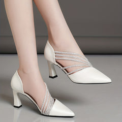 Women's Rhinestone Chunky Heel Pointed Pumps