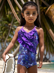 Girls Stretchy Frill Trim Cross Back Swimwear Bathing Suit
