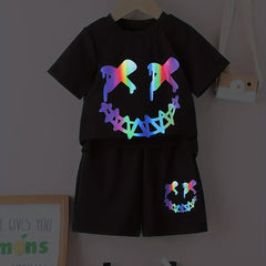 Boys Smile Face Graphic Print T-shirt & Shorts Set, Summer Kids Clothing