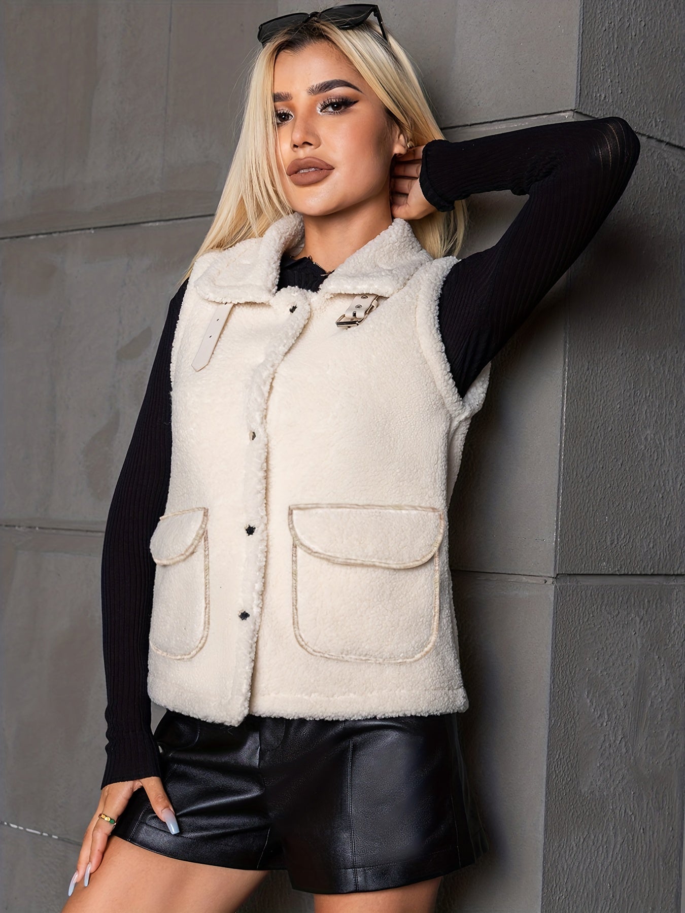 Plush Sleeveless Jacket with Dual Pockets for Women