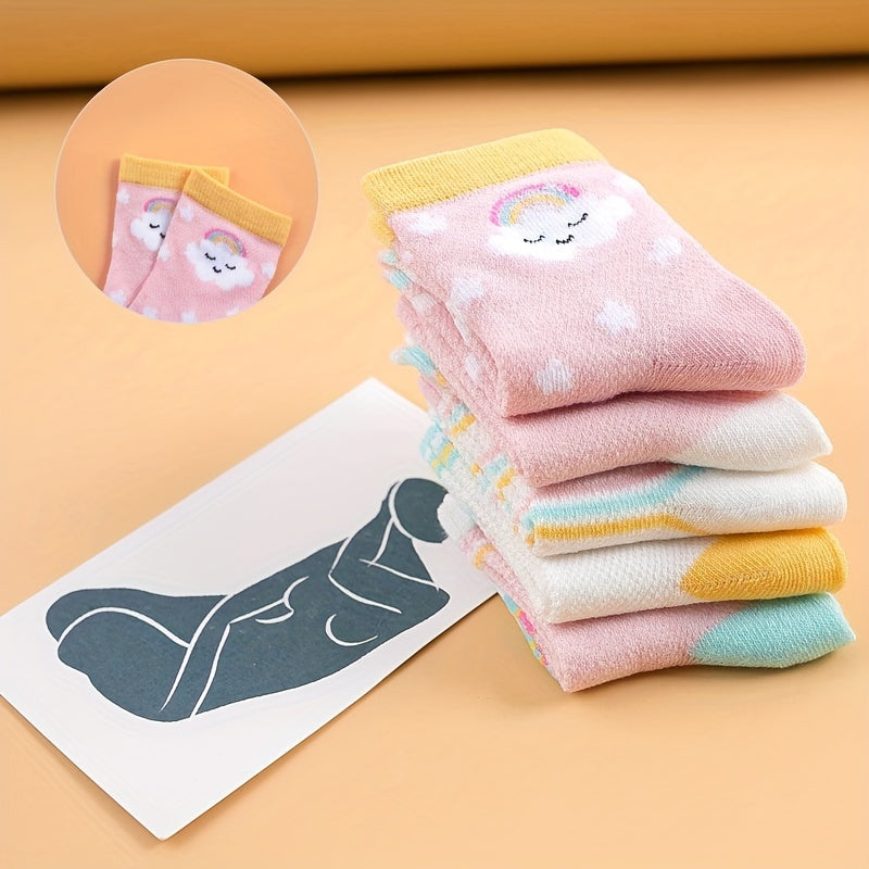 5 Pairs Princess Style Girls Socks, Rainbow Colorful Cloud Horses Mesh