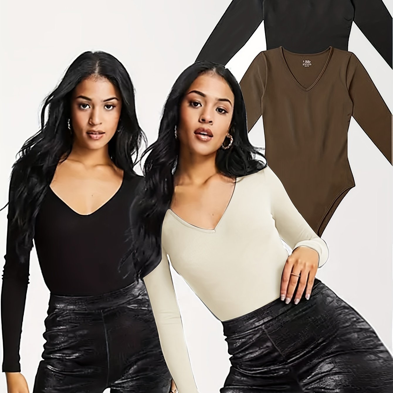 3 Pc Set Sexy Ribbed T shirt V neck Long Sleeved Tight Fitting