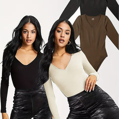 3 Pc Set Sexy Ribbed T shirt V neck Long Sleeved Tight Fitting