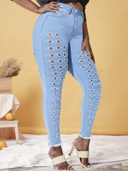 Plus Solid Button Fly High Rise Fringe Trim Skinny Jeans