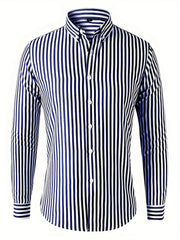 Men's Vertical Striped Button Up Shirt for Business Occasion