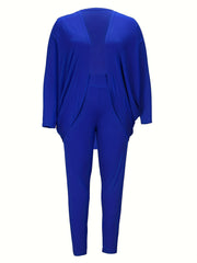 Plus Size Solid Side Ruched Long Sleeve Cardigan & Pant Set