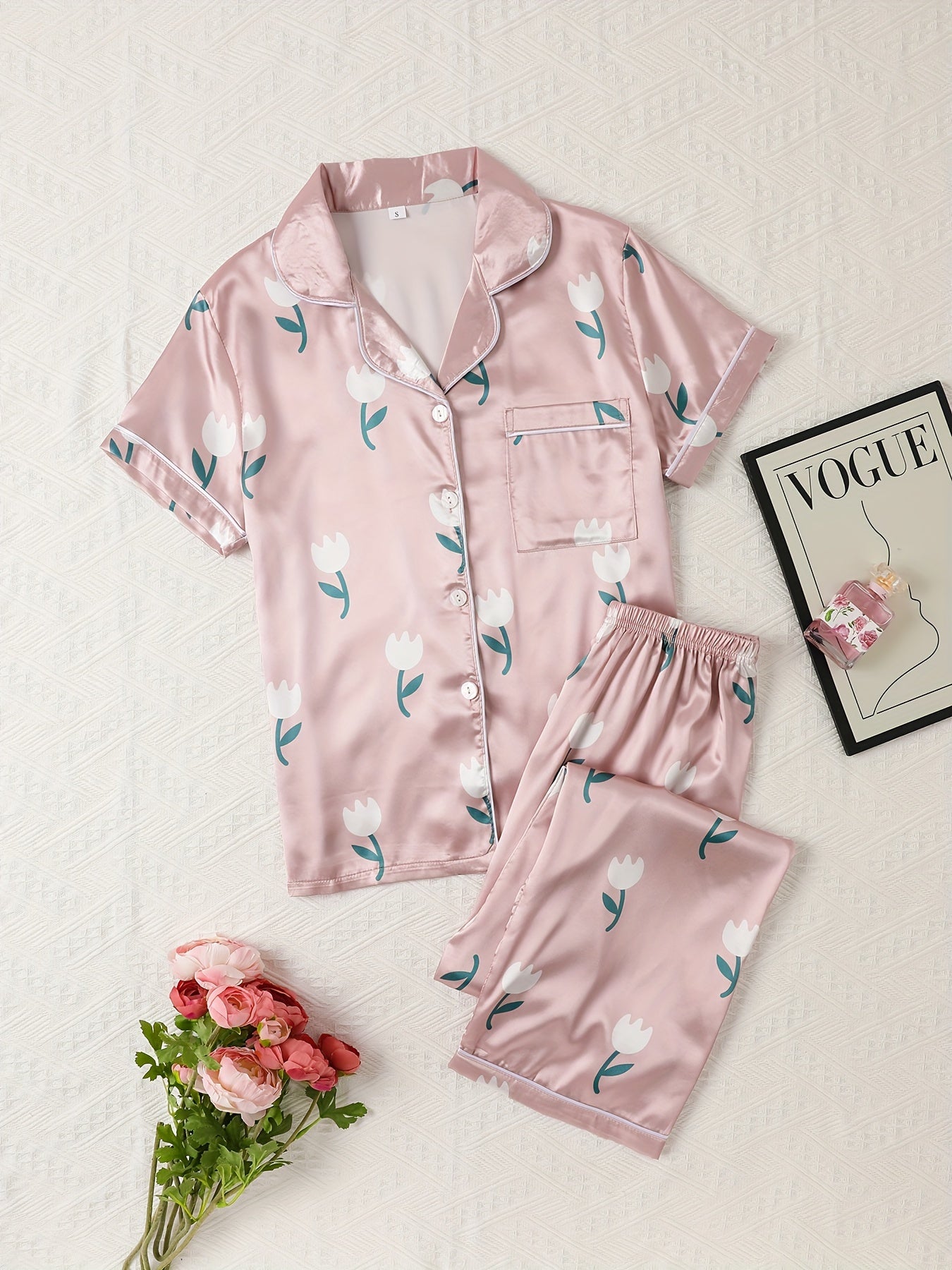 Floral Print Pajama Set Short Sleeve Top & Pants Women's Sleepwear