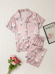 Floral Print Pajama Set Short Sleeve Top & Pants Women's Sleepwear