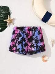 Boys Coconut Trees Print Swim Trunks, Size Up for Beach Vacation