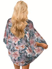 Floral Print Kimono Cover Up V Neck Soft Beachwear Women's Swimwear