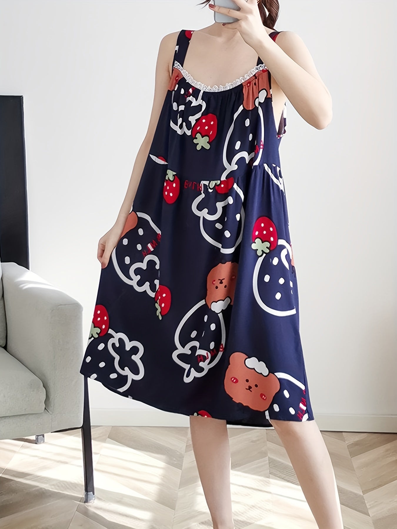 Strawberry Print Nightdress with Lace Trim Sleeves