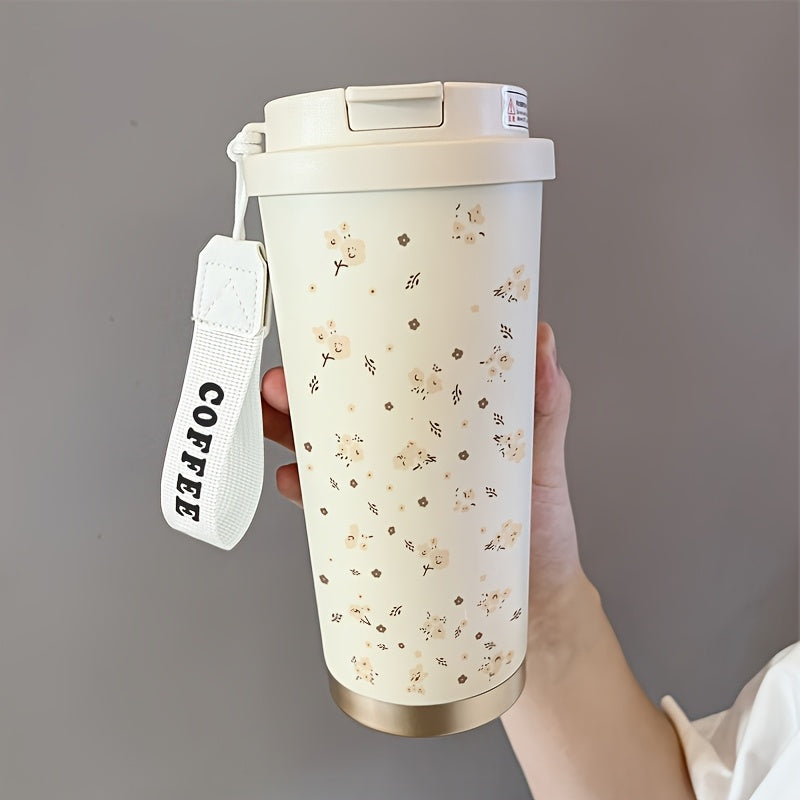 530ml Insulated Steel Coffee Cup Floral Rope Handle Hot & Cold Drinks