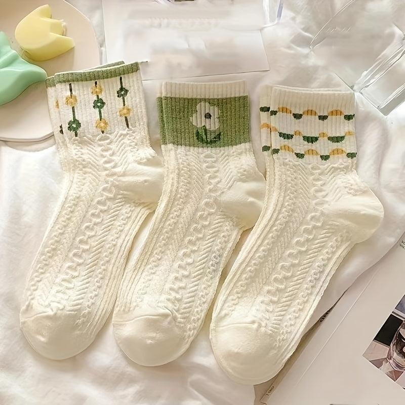 5 Pairs Autumn Winter Flower Pattern Socks