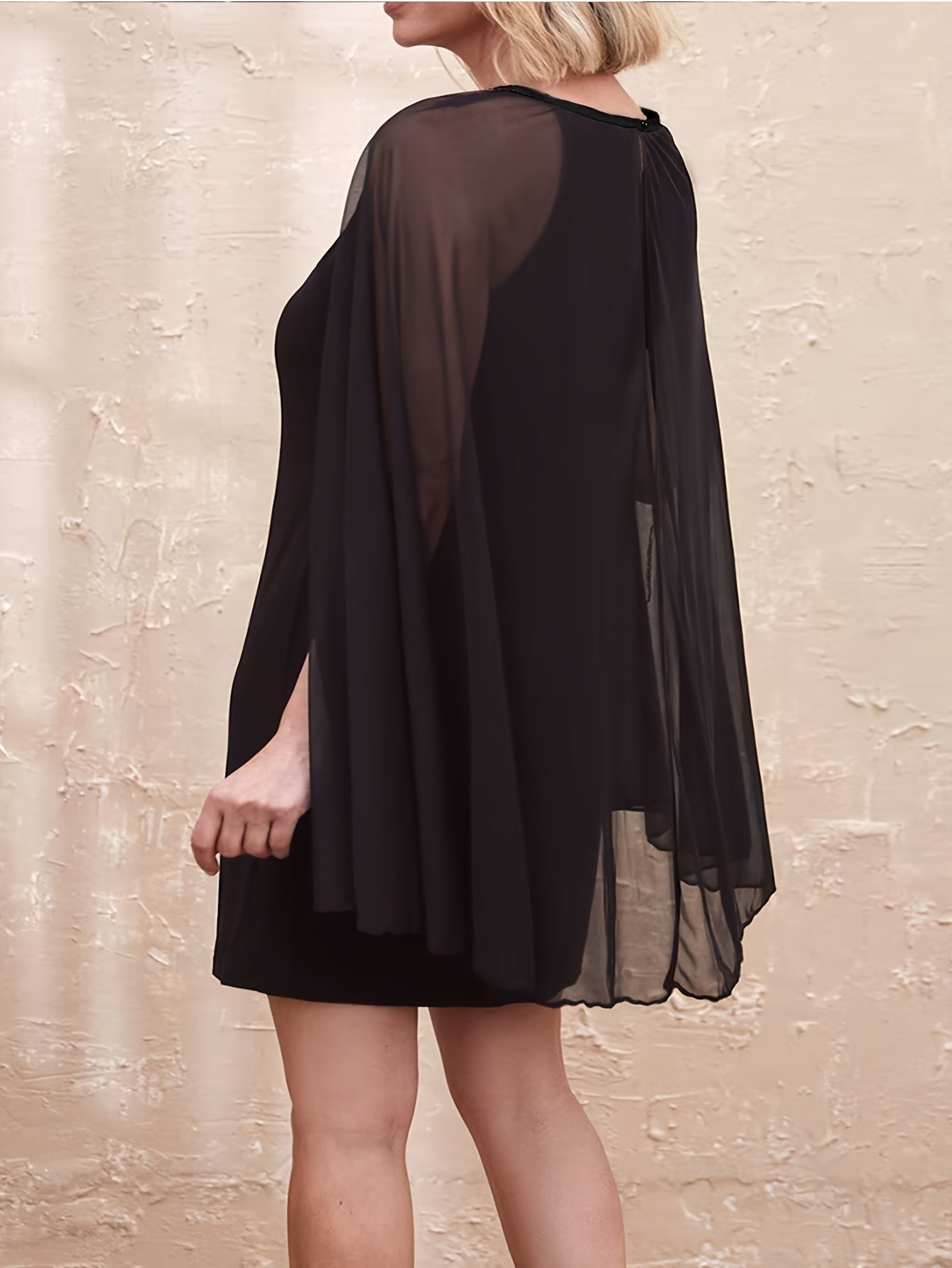 Contrast Mesh Split Cape Sleeve Dress
