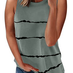 Casual Tank Top Women's Plus Stripe Print Round Neck Slight Stretch