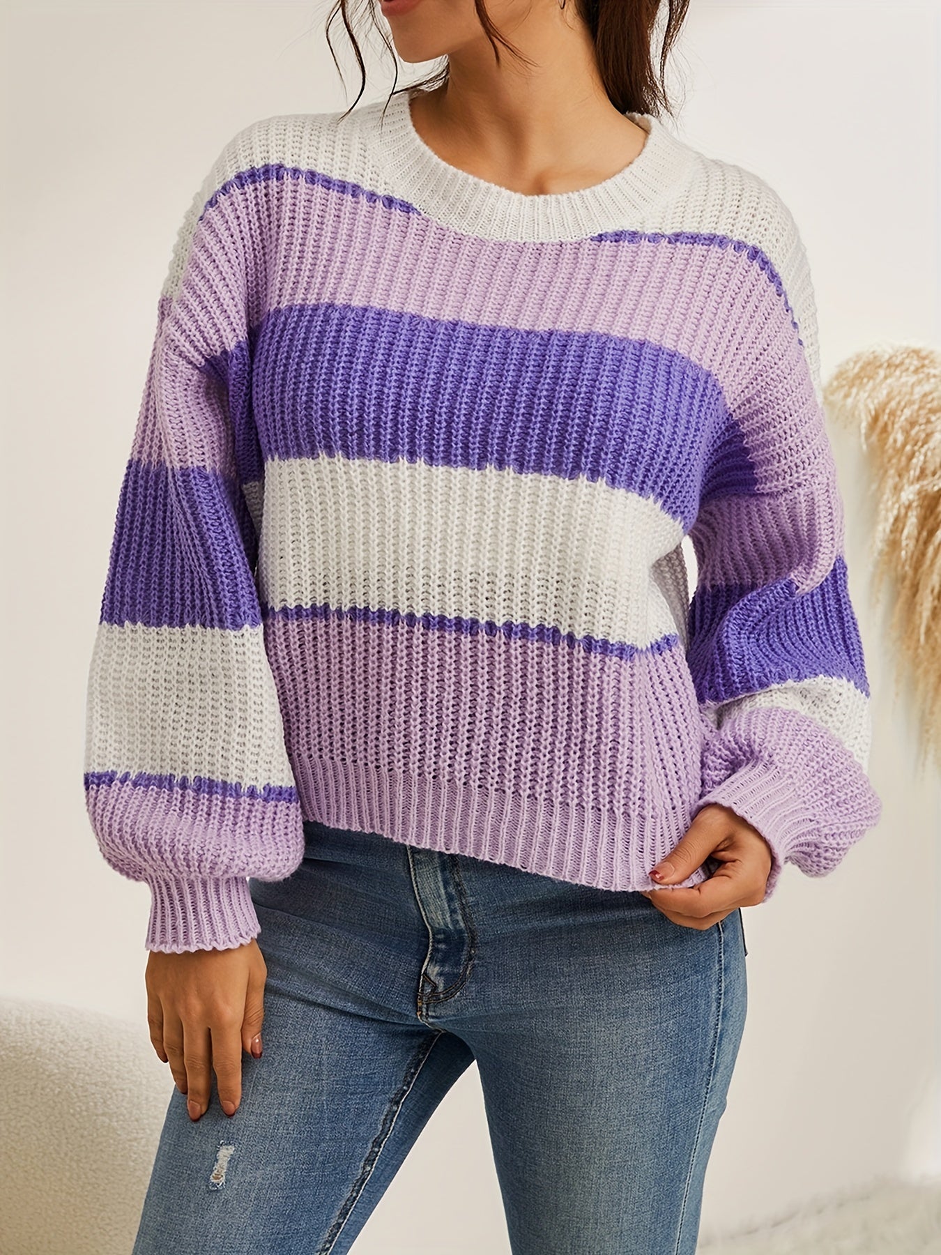 Striped Print Knit Sweater Casual Crew Neck Long Sleeve Pullover