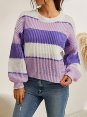Striped Print Knit Sweater Casual Crew Neck Long Sleeve Pullover